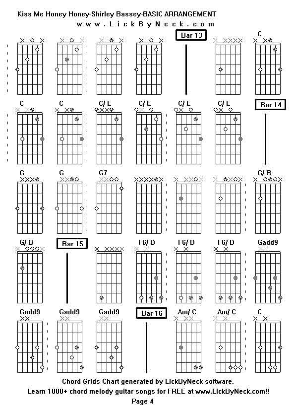 Chord Grids Chart of chord melody fingerstyle guitar song-Kiss Me Honey Honey-Shirley Bassey-BASIC ARRANGEMENT,generated by LickByNeck software.